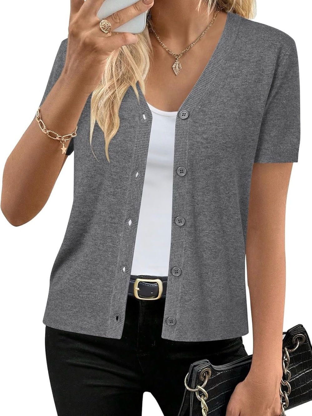 Gray Short-Sleeve Button Cardigan